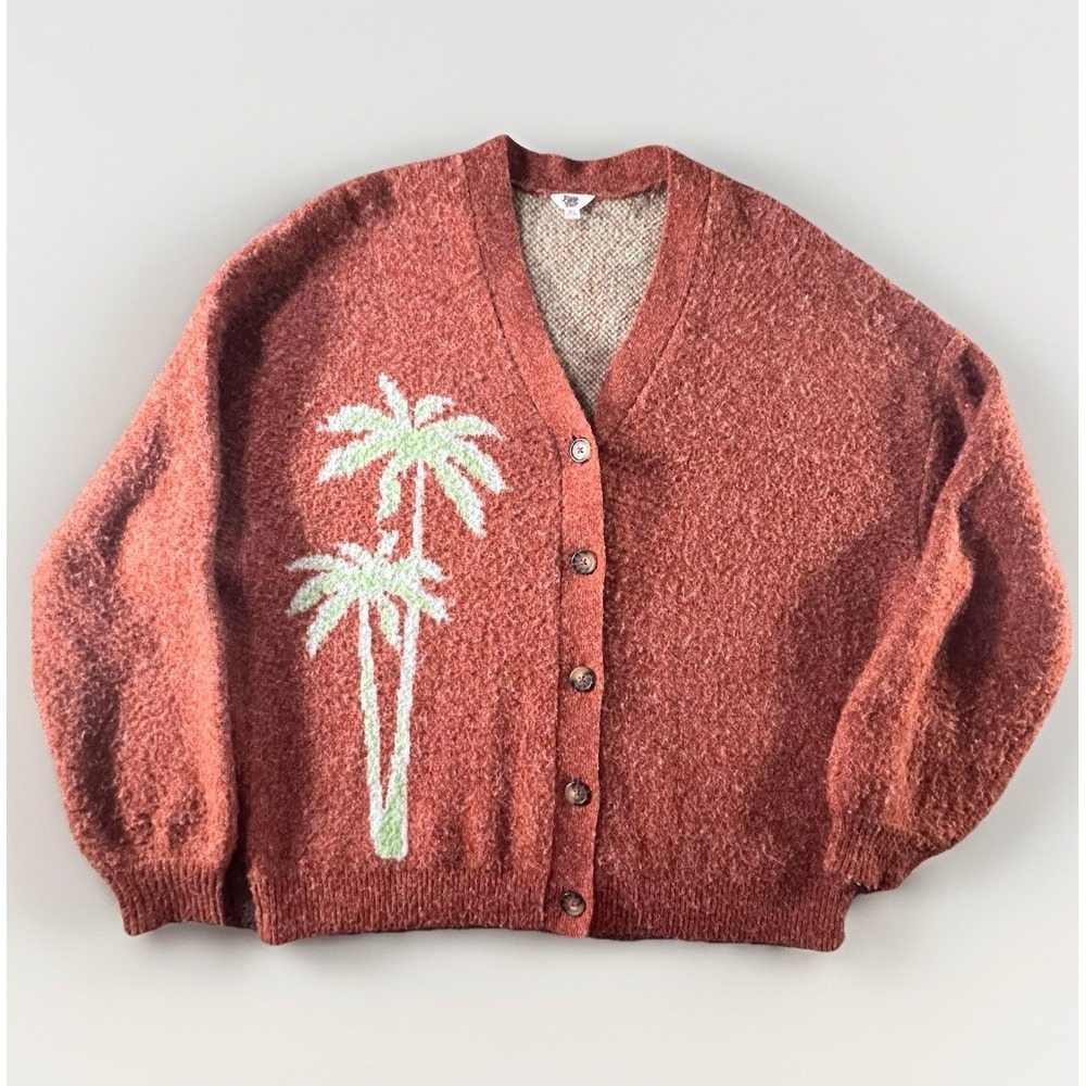 Ascot & Hart Palm Tree Cardigan XL Rust Boucle Knit Oversized Cozy Sweater‎